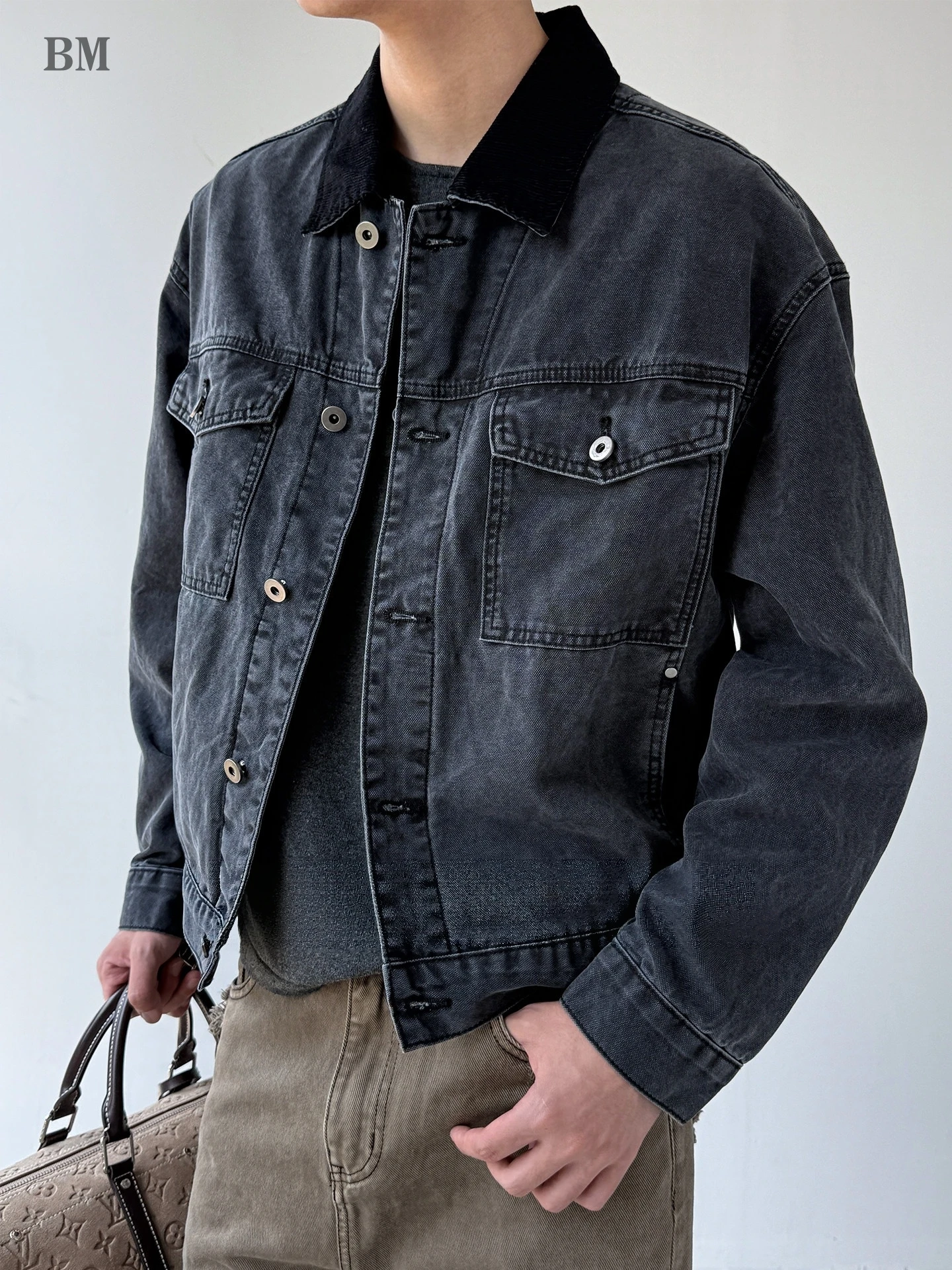 Mens Workwear Denim Jacket Dark Grey Collar Vintage American Loose High Quality Barn Style Trendy Spring Autumn Casual Coat