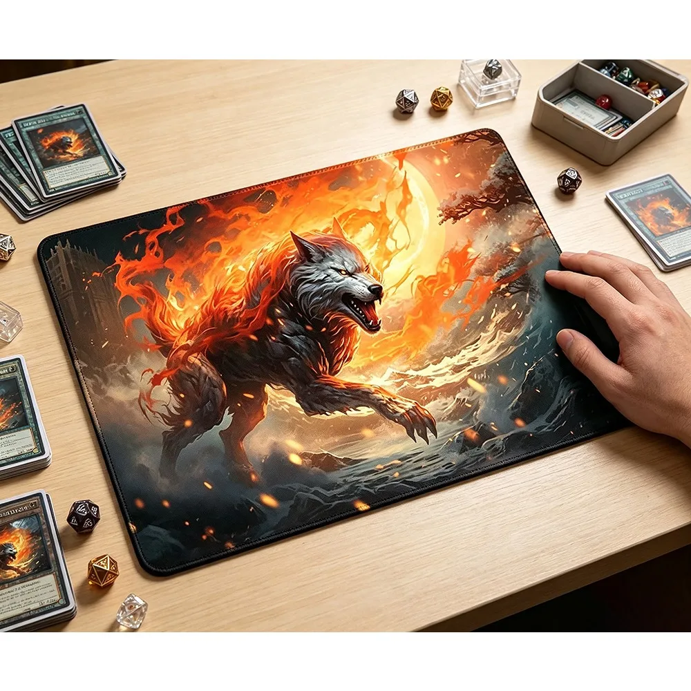Fantasy Fire Wolf  Pattern Play Mat Durable Office Deskpad Parties Gathering Card Game Mat Non-slip Keyboard PC Gaming MousePad