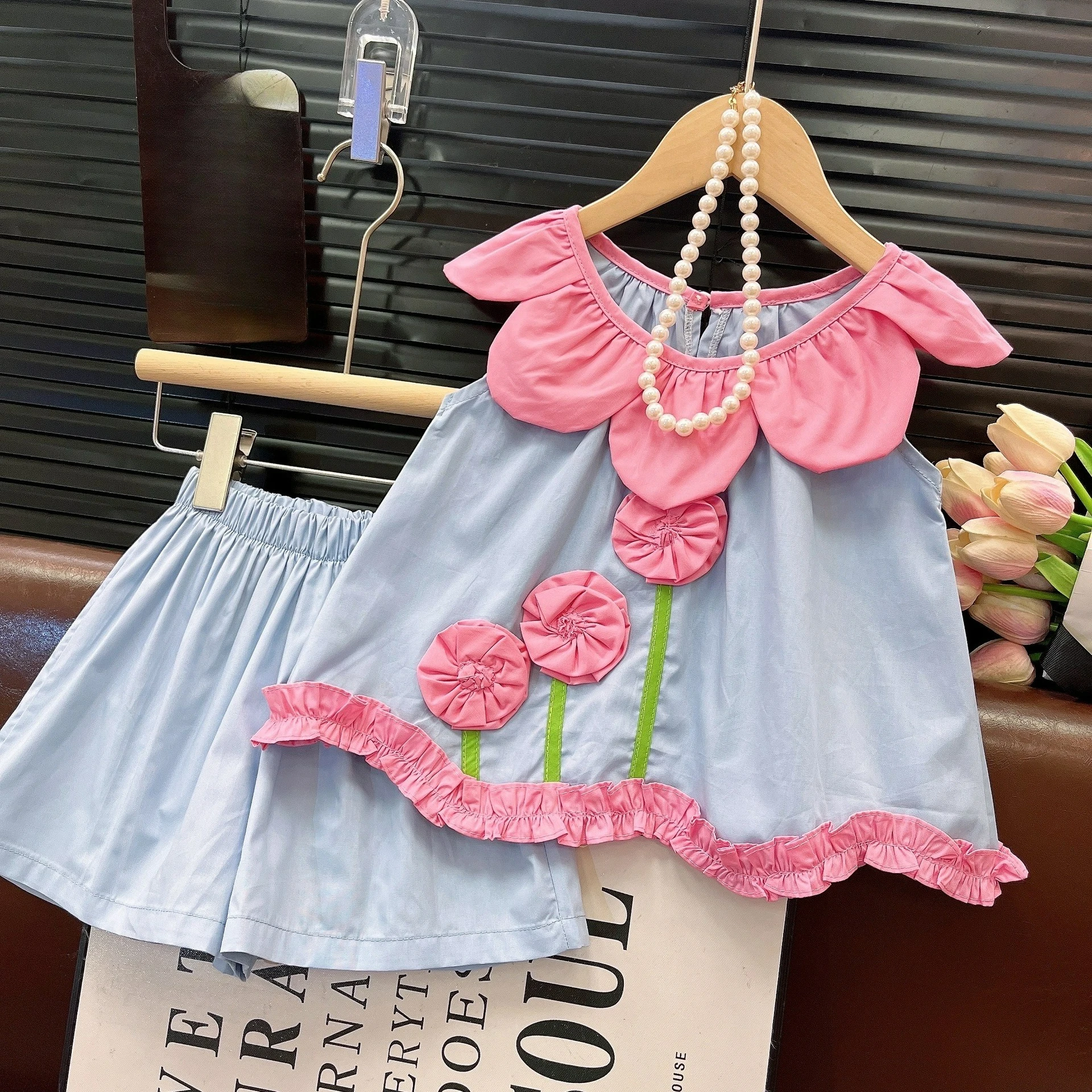 2025 Girls' Clothing Sets Summer New Rose Petal Collar Tank Top Shirt+Shorts Two Piece Set Kids Suits Baby Girl Outfit Set
