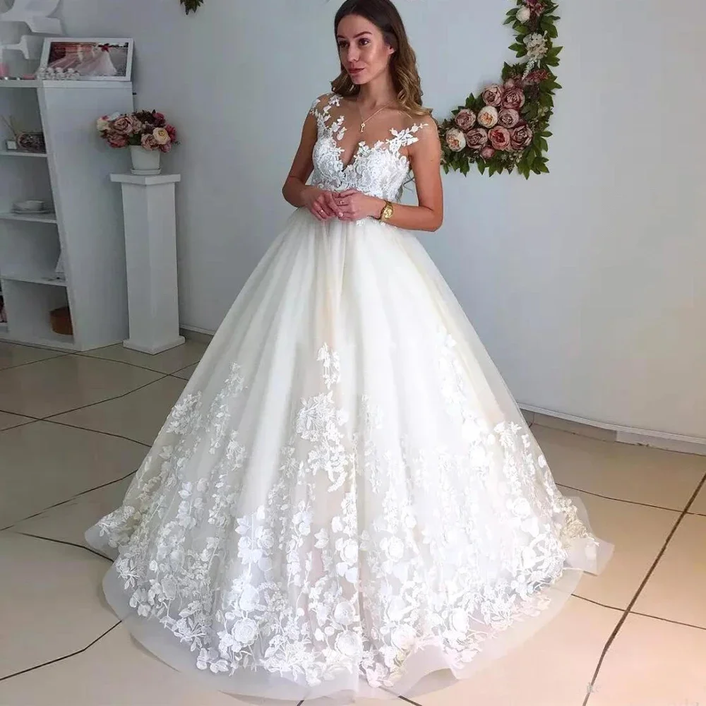 Vestido de baile vestidos de casamento corpete de renda sem mangas tribunal trem vestidos de noiva personalizados