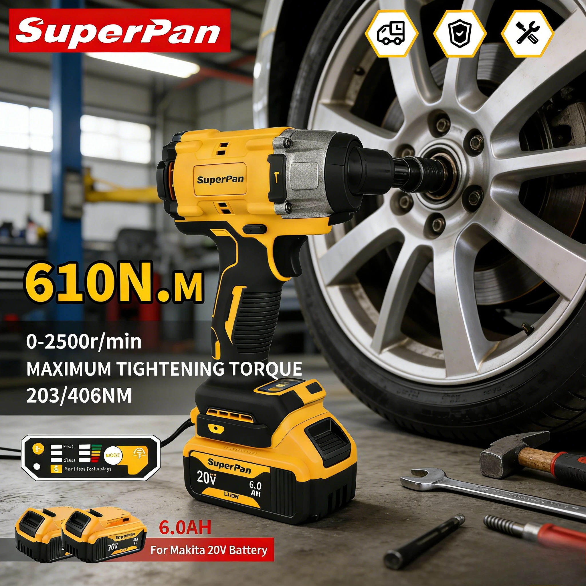 

Промышленный ударный гайковерт SuperPan с бесщеточным двигателем, быстрой зарядкой, антикоррозийной защитой, 20В, 610Нм, квадратный привод 1/2 дюйма, для Dewalt