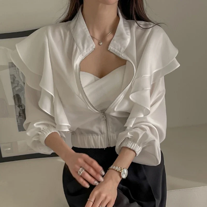 Women Clothing Stand Neck Korean Coat Long Sleeve Slim Waist Crop Tops 2023 Ropa Mujer Ruffles Chic Temperament Loose Jackets