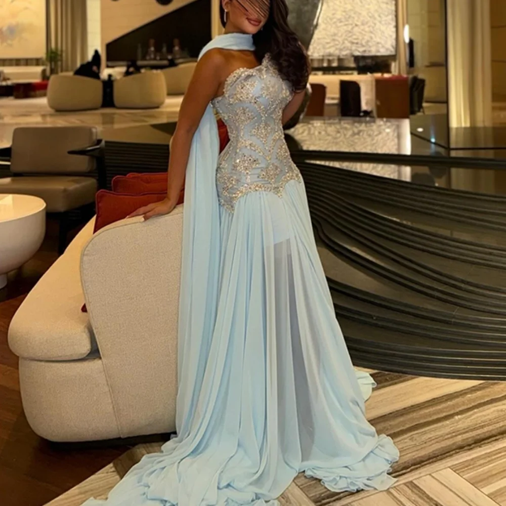 

Голубые вечерние платья с шарфом без бретелек, вечерние платья с кристаллами и пайетками, 2025 г., свадебное платье русалки на шнуровке по индивидуальному заказу