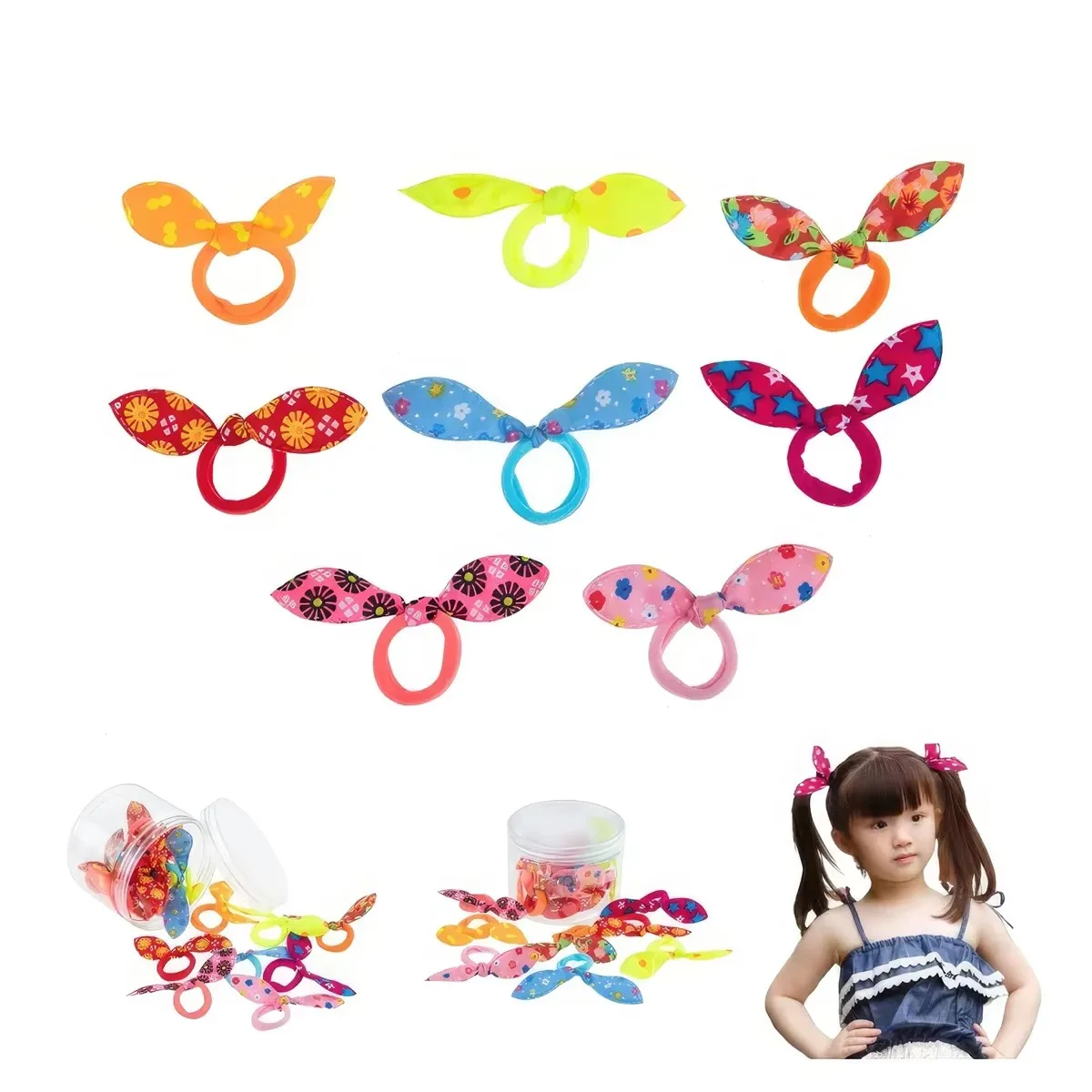 

20Pcs Girls Bunny Ears Bow Elastic Hair Bands Colorful Nylon Small Ponytail Holders Cute Kids Hair Accessories