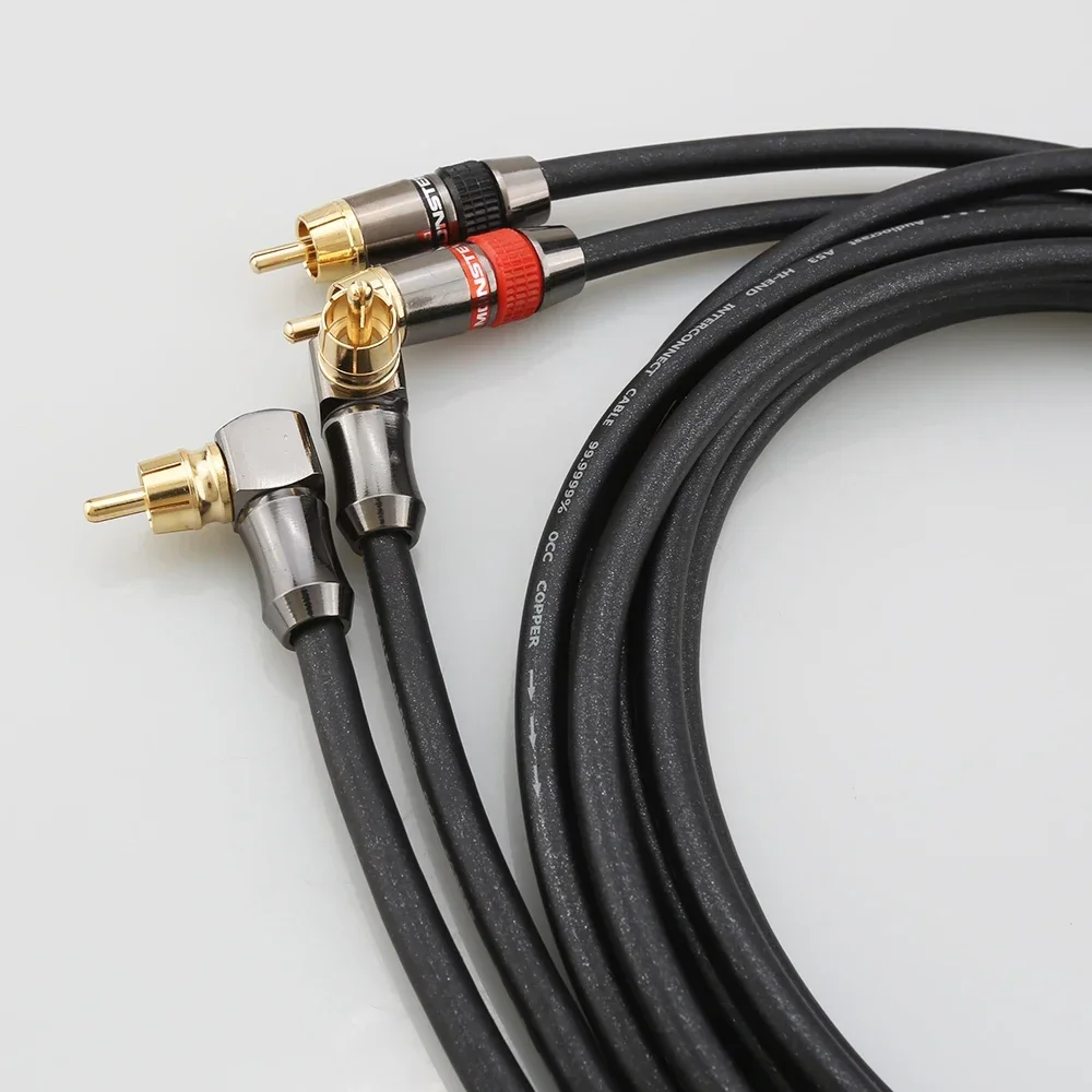 คู่ HIFI ทองแดง RCA สายเชื่อมต่อสัญญาณเสียง90องศามุมขวา24K ชุบทองสายสัญญาณปลั๊กตัวผู้