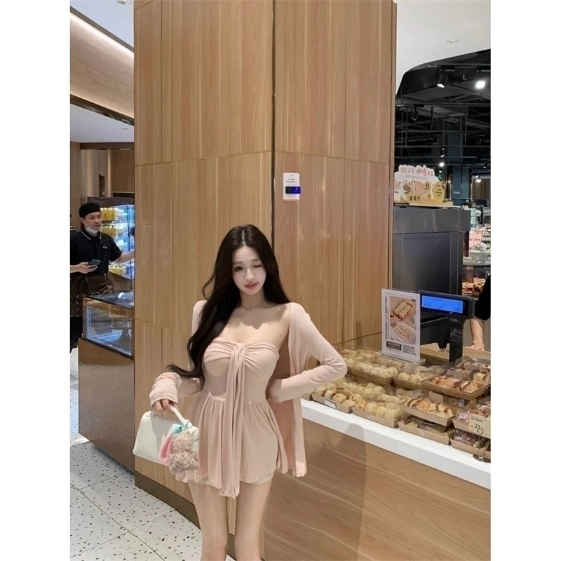 

Korean Sle Pure Color Sun Protection Sweet And Spicy Girl Strapl Top And Bot Two-Piece Set Casual Summer Faion