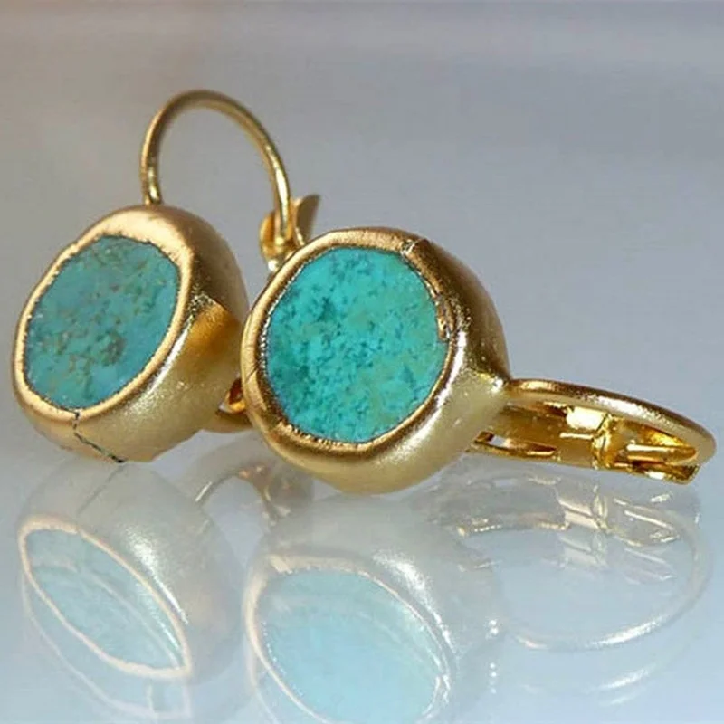 Fonect Fashion 18k Gold Plated Turquoise Unique Gift Earrings for Women Ladies Casual Simple Framed Stone Drop Earrings