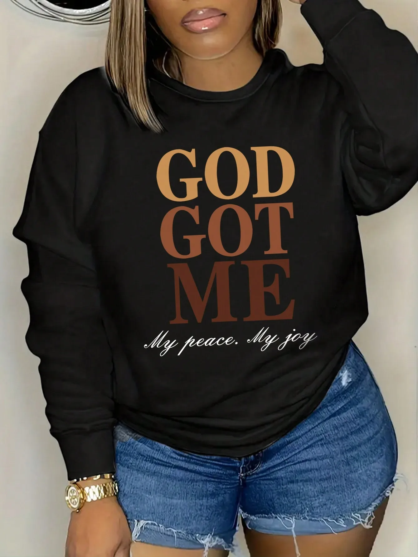 

Женская толстовка больших размеров с принтом «God Got Me» и спущенным плечом для повседневных осенне-зимних образов