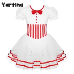 Kids Girls Gymnastics Christmas Ballet Dance Costume Candy Cane Striped Figure Skating Twirling Mesh Skirts Leotard Tutu Dress