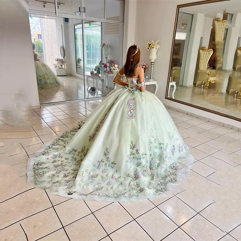 ANGELSBRIDEP Off-Shoulder Ball Gown Quinceanera Dresses Vestidos De 15 Anos 3D Flower Lace Formal Birthday Princess Party HOT