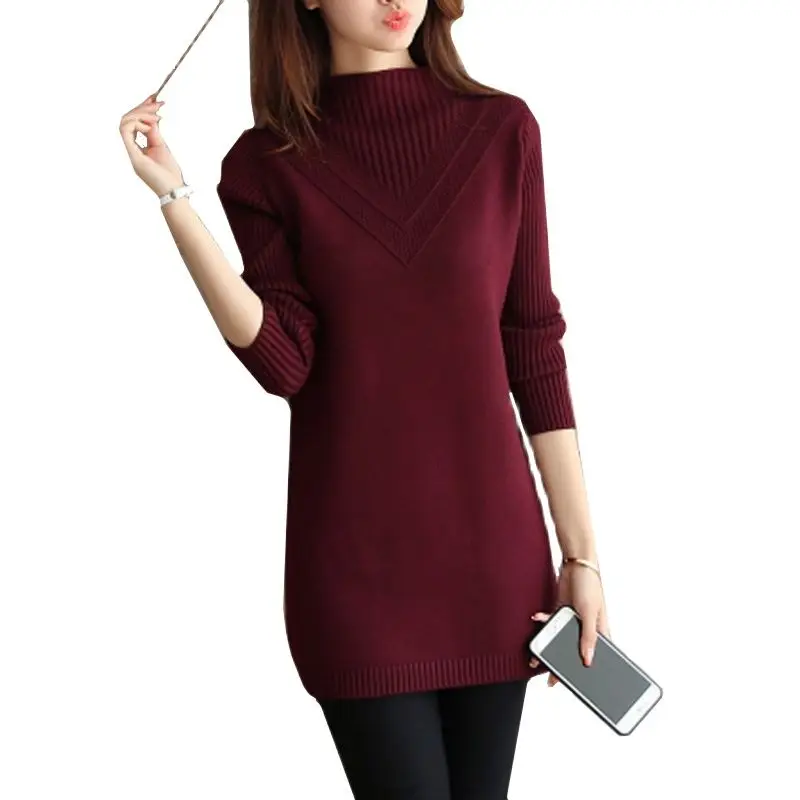 

2023 Autumn Winter Women Long-sleeved Knit Sweater Warm Slim Turtleneck Solid color Pullover Shirt Medium long Lady Sweater Knit