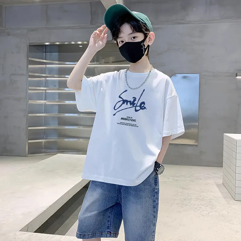 Retro Trendy Brand Letter Printed Loose Children's T-shirt Summer Pure Cotton Parent-child Outfit New Casual Round Neck T-shirt