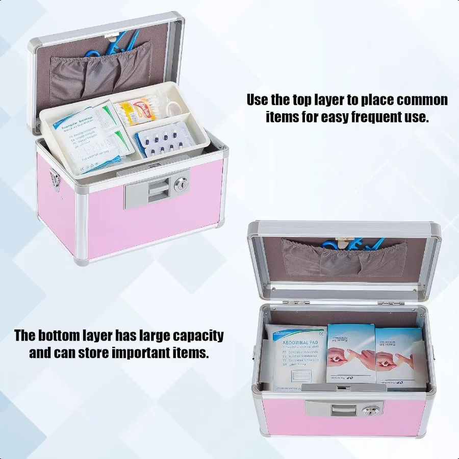 Caja de medicamentos Caja de almacenamiento de medicamentos segura de primeros auxilios Gabinete de medicamentos diario de aluminio en capas 10,2 x 6,2 x 7,7 Rosa