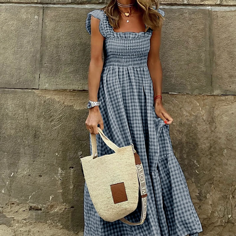 Elegant ผู้หญิงฤดูร้อนลายสก๊อต Maxi ยาวชุดวันหยุดสบายๆ Backless Beach Sundress จีบ Boho Party ชุดหลวม