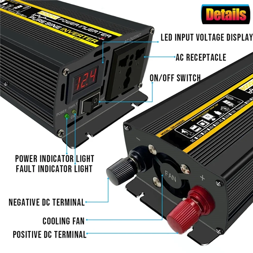 Inversor de onda sinusoidal pura, convertidor de voltaje de 12V, 220V, 6000W, transformador portátil para exteriores, inversor Solar para el hogar, 8000W, 4000W, 3000W