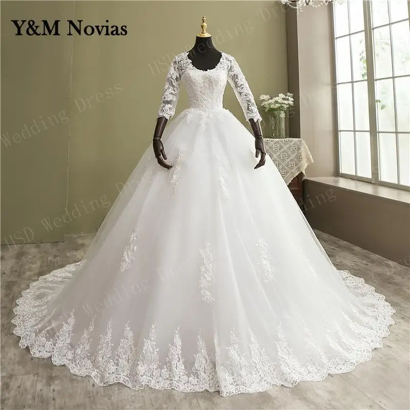 Y&M Novia Gorgeous Ball Gown Lace Beading Vestido De Novia Princes Plus size Wedding Dress Three Quarter Real Image Bridal Gown