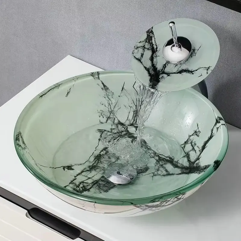 Marble textured washbasin, round tempered glass countertop basin, stylish artistic washbasin, for home bathrooms, hotels GN429TW