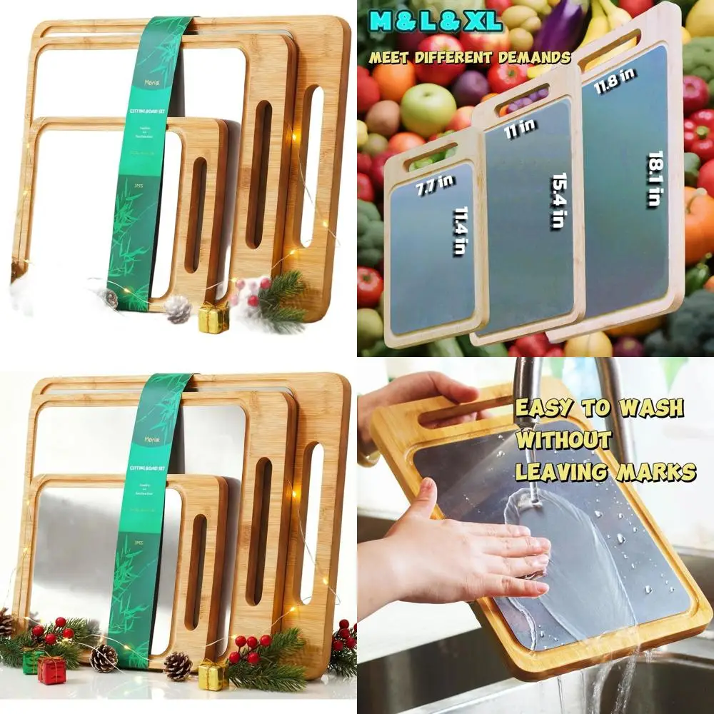 

Трехсторонние разделочные доски из бамбука и нержавеющей стали с нескользящими краями и пазом для сока для использования на кухне — идеально подходят для