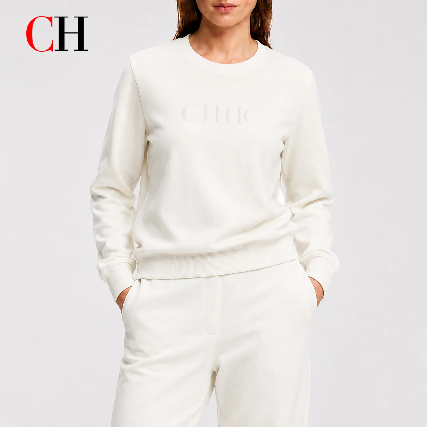 CH Women Crew Neck Long Sleeve Sweatshirt Front Letter Embroidered Logo Basic Casual Daily Wear Soft Fleece Pullover Top