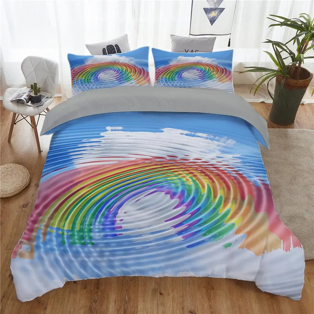 

Water Wave Duvet Cover Set Rainbow Water Wave Blue Sky White Cloud Reflection Bedding Set Microfiber King Queen Size Quilt Cover