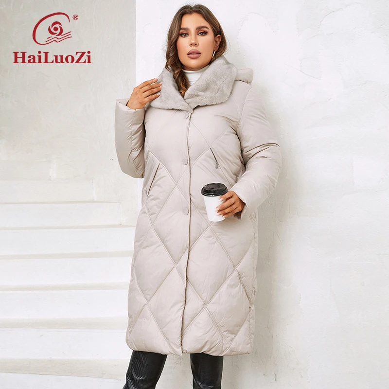 HaiLuoZi 2023 nuove giacche invernali da donna Plus Size lungo caldo parka elegante con cappuccio con pelliccia cappotti trapuntati classici donna 1165