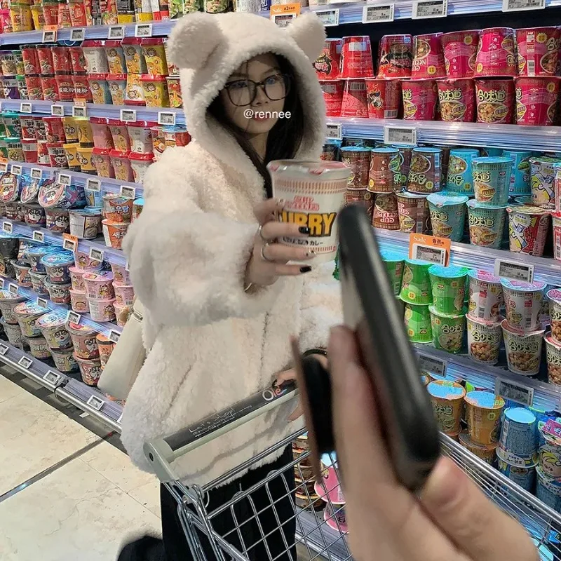 Bear Ear Hoodie Women's Casual Oversized Hoodie Coat Winter Thick Warm Zip Up Hoodie Sweatshirt Y2k Harajuku Streetwear Women