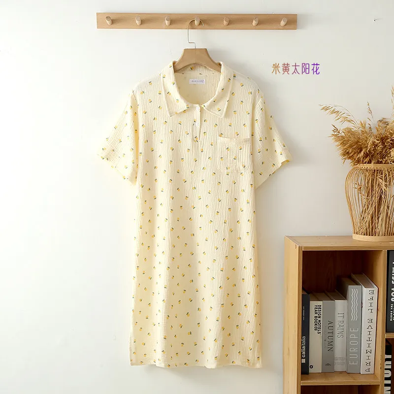 2023 Summer New Women's Sleeping Dress 100% Cotton Crepe Short Sleeve Polo Dress Women's Button Home Casual Dress Nightgown