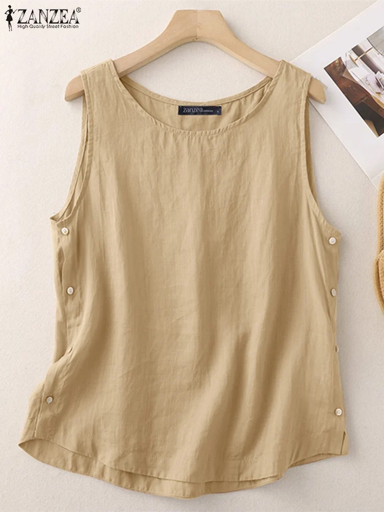 Summer Sleeveless Tank Tops Women Cotton Camis ZANZEA Casual Loose Shirt Elegant OL Work Blouse Solid Tees Vintage Beach Tops