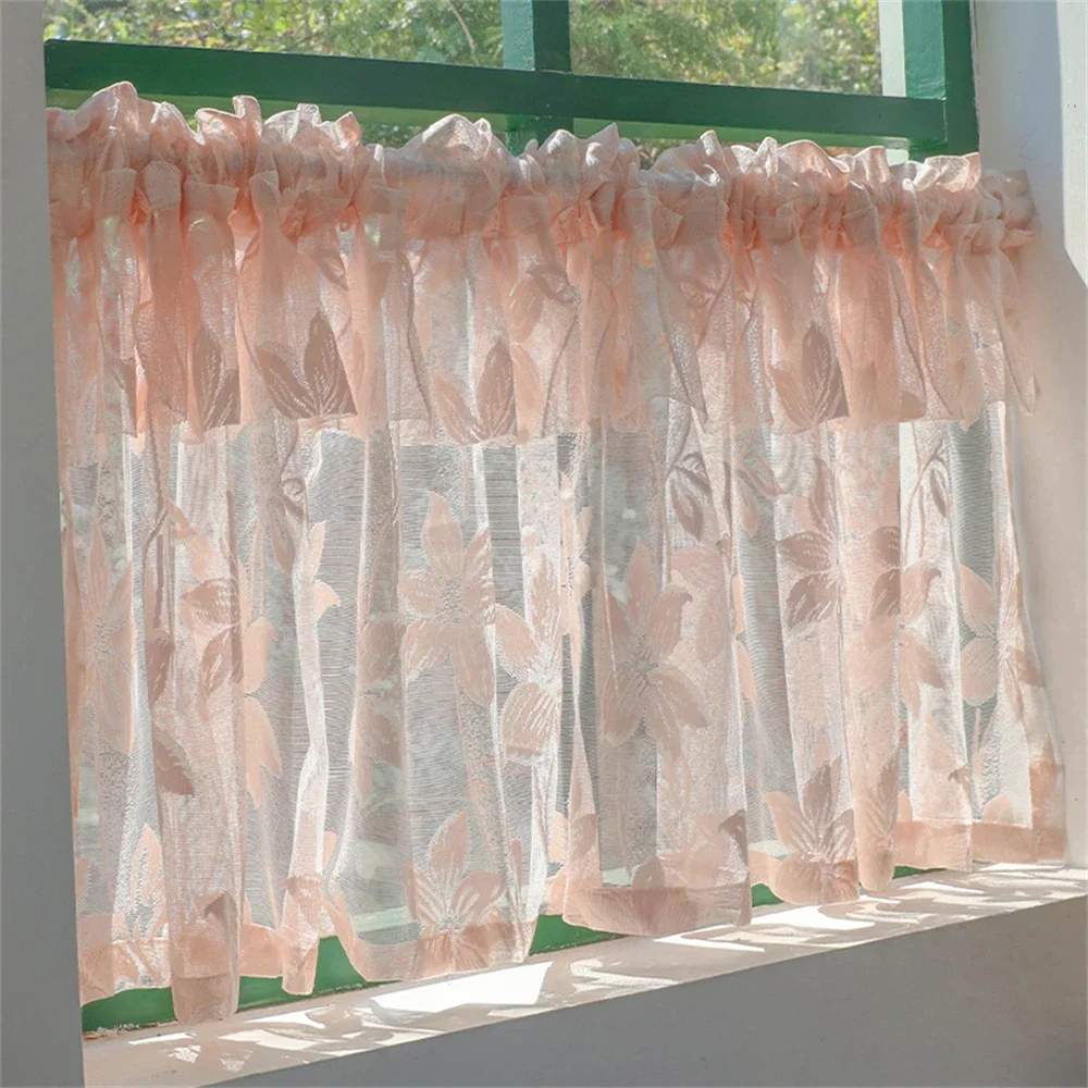 Punch-Free French Pastoral Style Pink Lace Curtain For Kitchen And Living Room Small Window Half Curtain Ruffled Window Screen