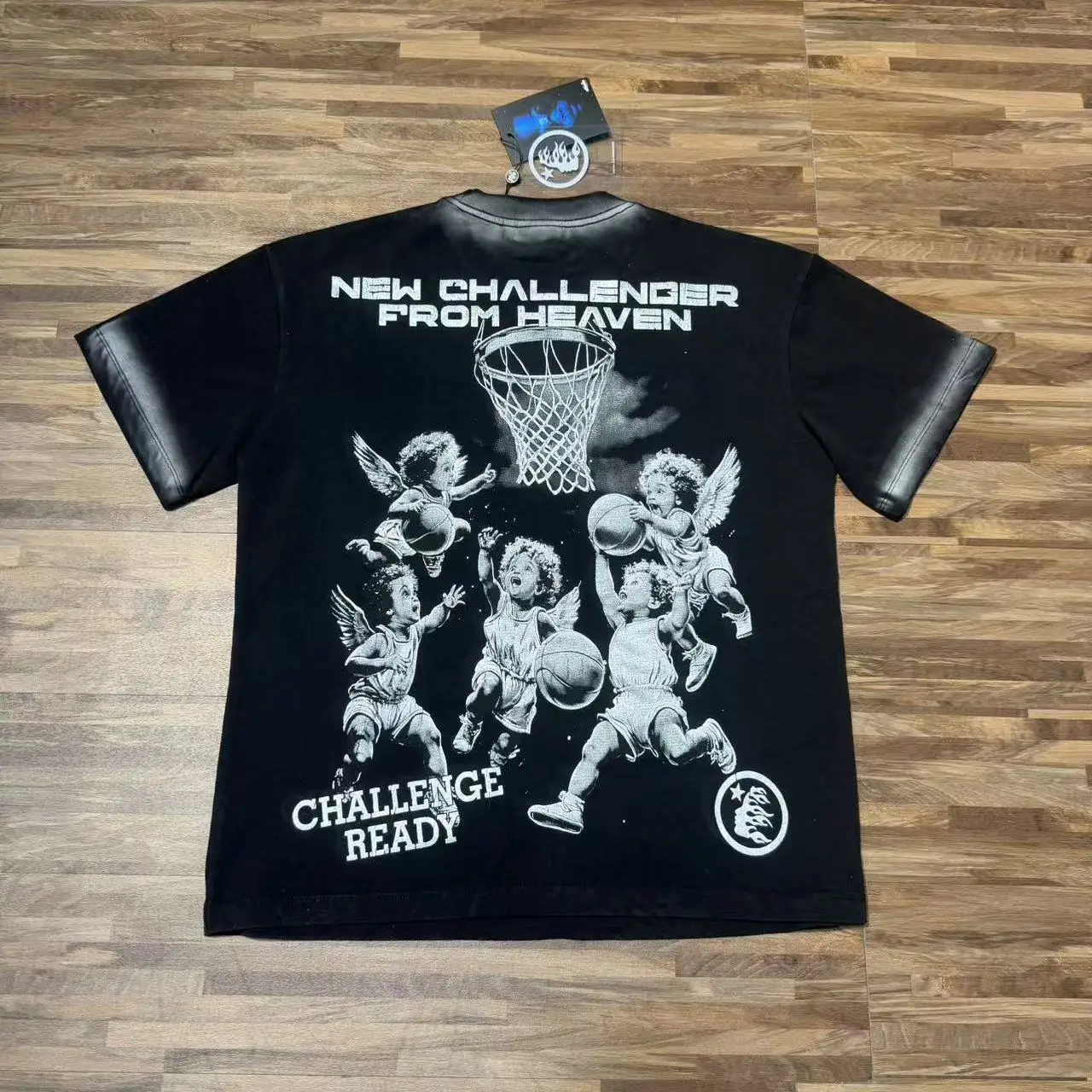 Retro Washed Cotton Short Sleeve T-Shirt Basketball Print Street Style Heavyweight Youth Fashion Casual round Neck Tee