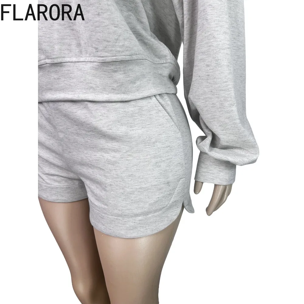 FLARORA カジュアルスポーティ 2 ピースセット女性ソリッドカラー O ネック長袖プルオーバーとドローストリングショーツ秋ストリートトラックスーツ