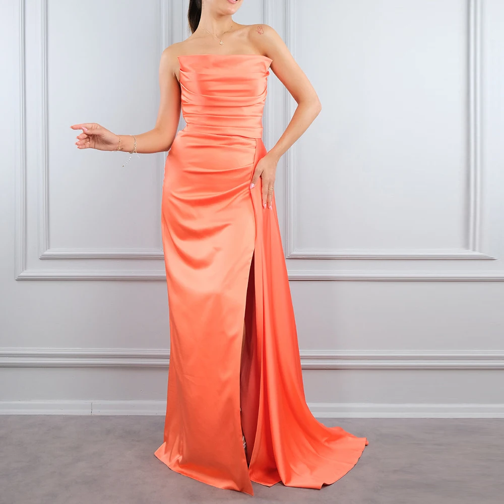 

Saudi Arabia Evening Gowns Floor Length Straight Strapless Satin Sleeveless Panel TrainSolid Color Dresses For Formal Occasions