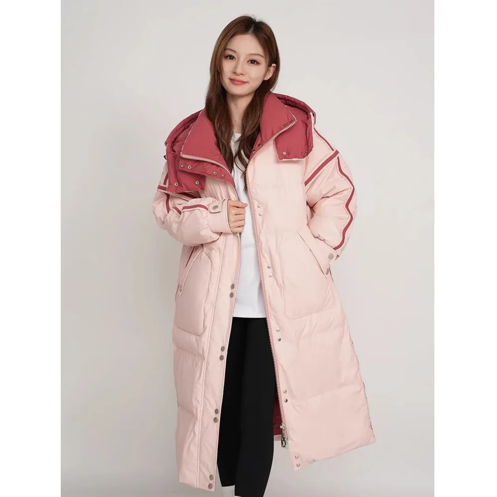 Color Blocking Down Jacket For Women 2024 New Winter Long Style Knee High Hooded Fashion Thick Warm Striped Elegant Parka