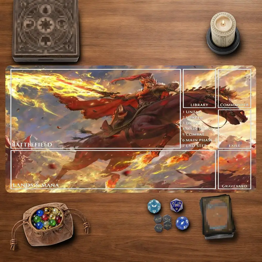 Warrior Red Warhorse Flame Sword TCG Playmat 35X60CM Magic Card Battle Mat Non-Slip Durable Stitched Edge Tabletop Playmat