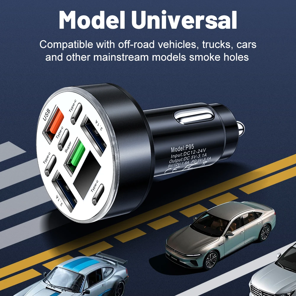 120W Car Phone Charger 8Ports LED Digital Display 4USB+4Type C Fast Charging Phone Charger For iPhone Samsung Xiaomi