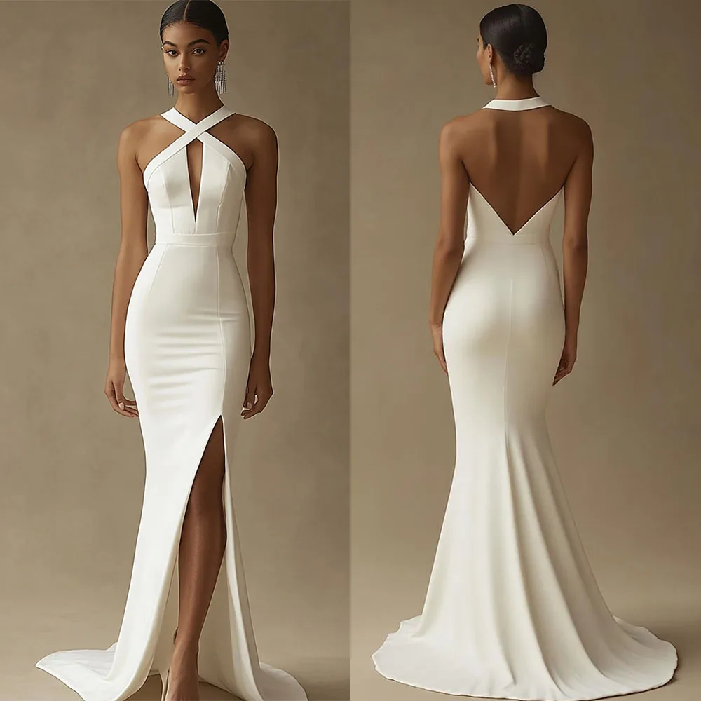 

Высокое качество по индивидуальному заказу с v-образным вырезом длиной до пола, белое элегантное платье русалки без рукавов с открытой спиной и высокой вилкой для женщин для свадебной вечеринки