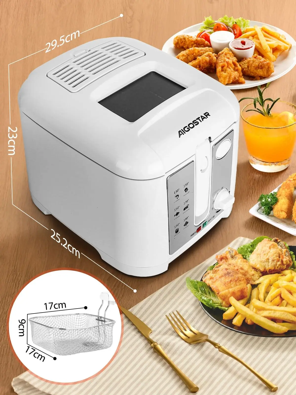 Aigostar Fritteuse mit öl, 1650W, Fritteuse 2.5L mit Sichtfenster, emperaturregelung, Kontrollleuchte, Weiß