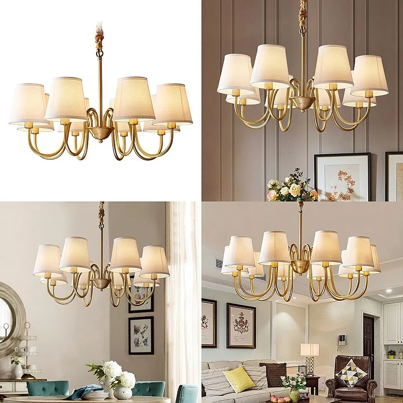 Medieval Living Room Copper Chandelier Retro Dining Room Modern Luxury Fabric Hanging Lamp Bedroom Study Simple Pendant Lighting