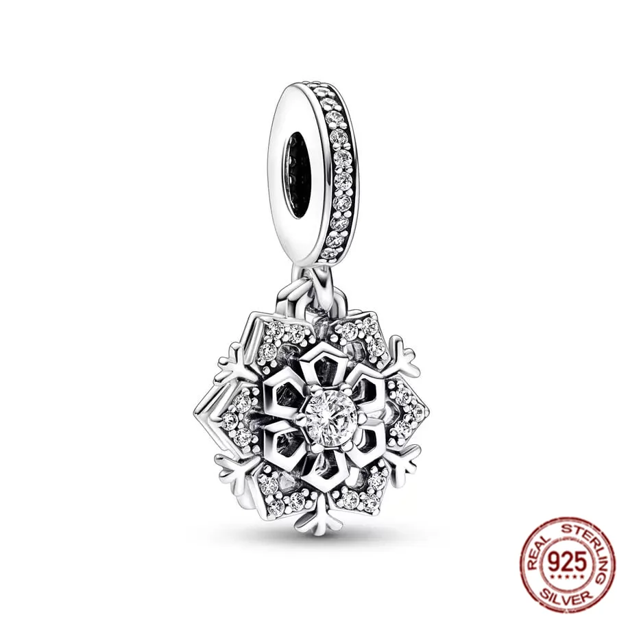 Espumante Floco de Neve Dangle Charms para Mulheres, 925 prata esterlina, Snow Globe Bead, se Fits Original Pulseira Pandora, Presente da jóia DIY