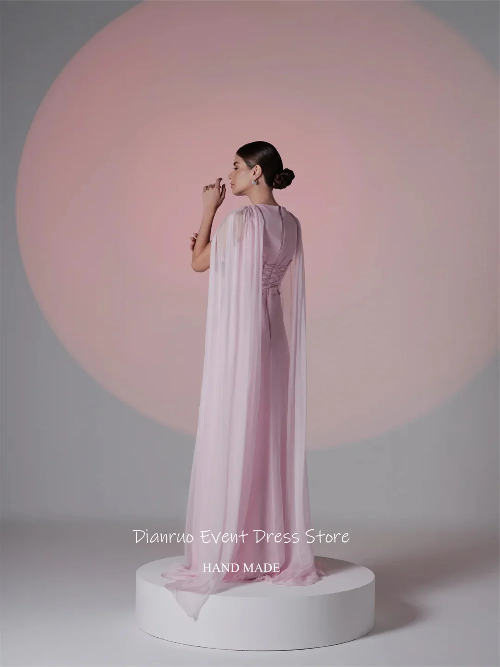 Dianruo-vestido de Noche rosa con mangas tipo capa, Vestidos de gasa fluidos Para Mujer, corte en A, escote redondo, personalizado