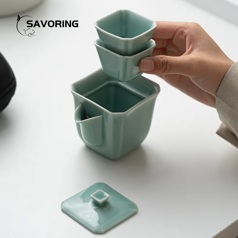 Retro Celadon Ceramic Travel Tea Set Square 1 Pot 2 Cups Household Tea Maker Outdoor Camping Stock Bags Portable Kung Fu Teaset