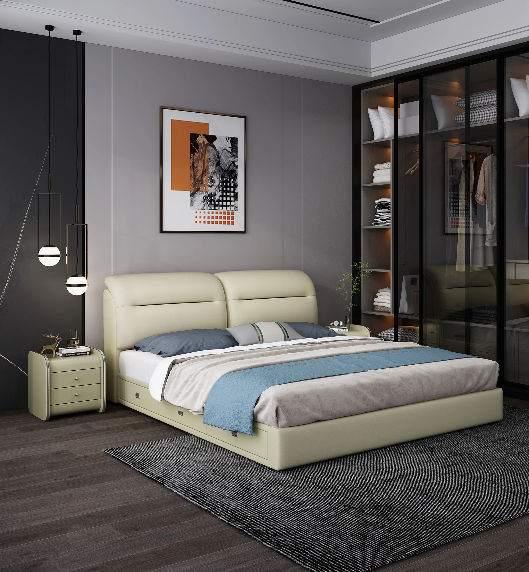 #Leather and Wood Frame Bedding Set Bed Frame King Size Luxury Platform Bed King