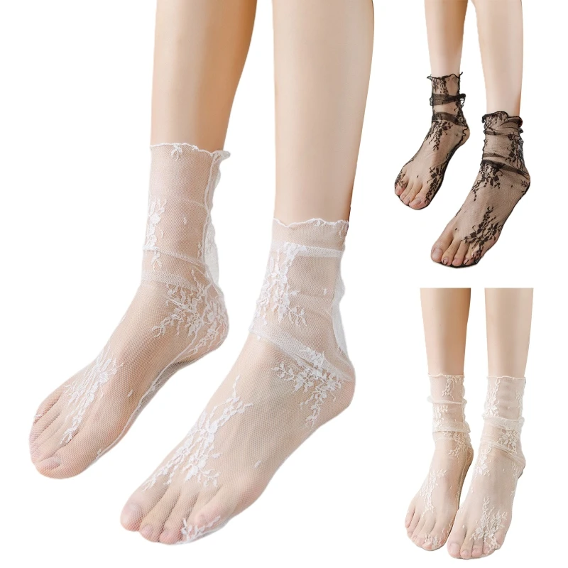 

Women Sweet Mesh Ankle Socks Floral Lace Jacquard Frilly Thin Hosiery