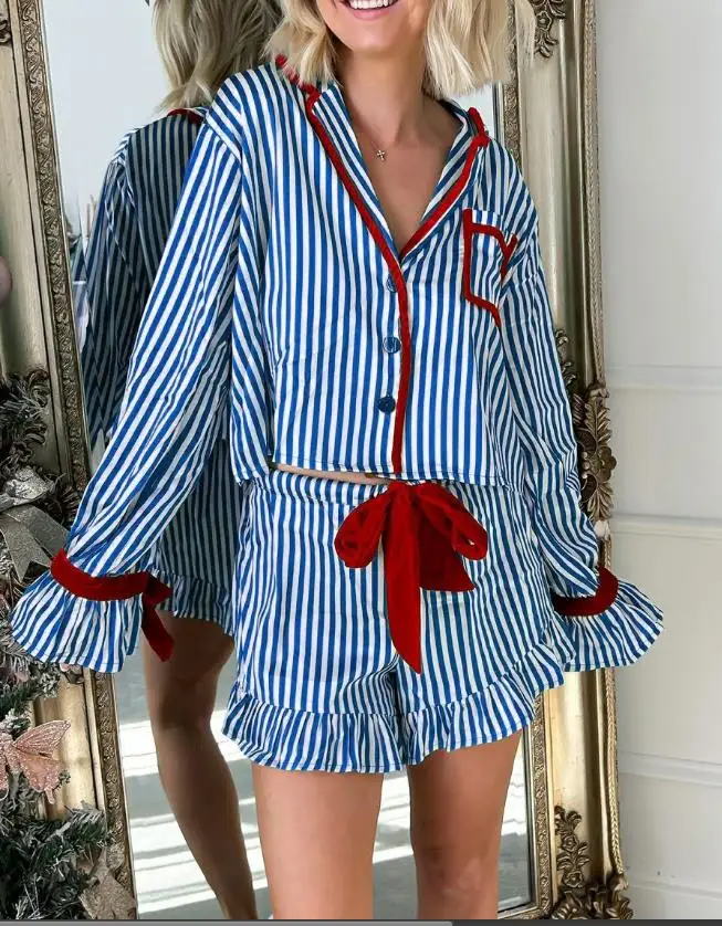 Women 2 Piece Satin Pyjama Set Cute Bow Striped Short Sleeve Shirt Loose Shorts Matching Set Summer Casual Loungewear S-XL