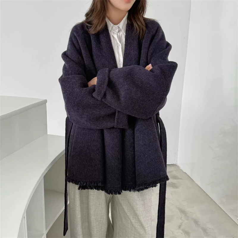 WomenFall Winter VNeck DoubleFace Wool CoatLoose BeltedWrap OvercoatTassel Edge Casual Warm Outerwear ForLadies Daily Streetwear
