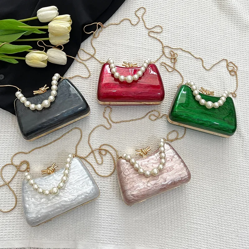 

Women's Fashion Pearl Crossbody Bag Acrylic Box Handbag with Personalized Chain
