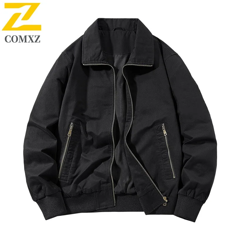 COMXZ Spring Autumn Lapel Washed Jacket American style Men Outdoor Multi Pocket Workwear Top Loose Fit Big Size Casual Coat 2025