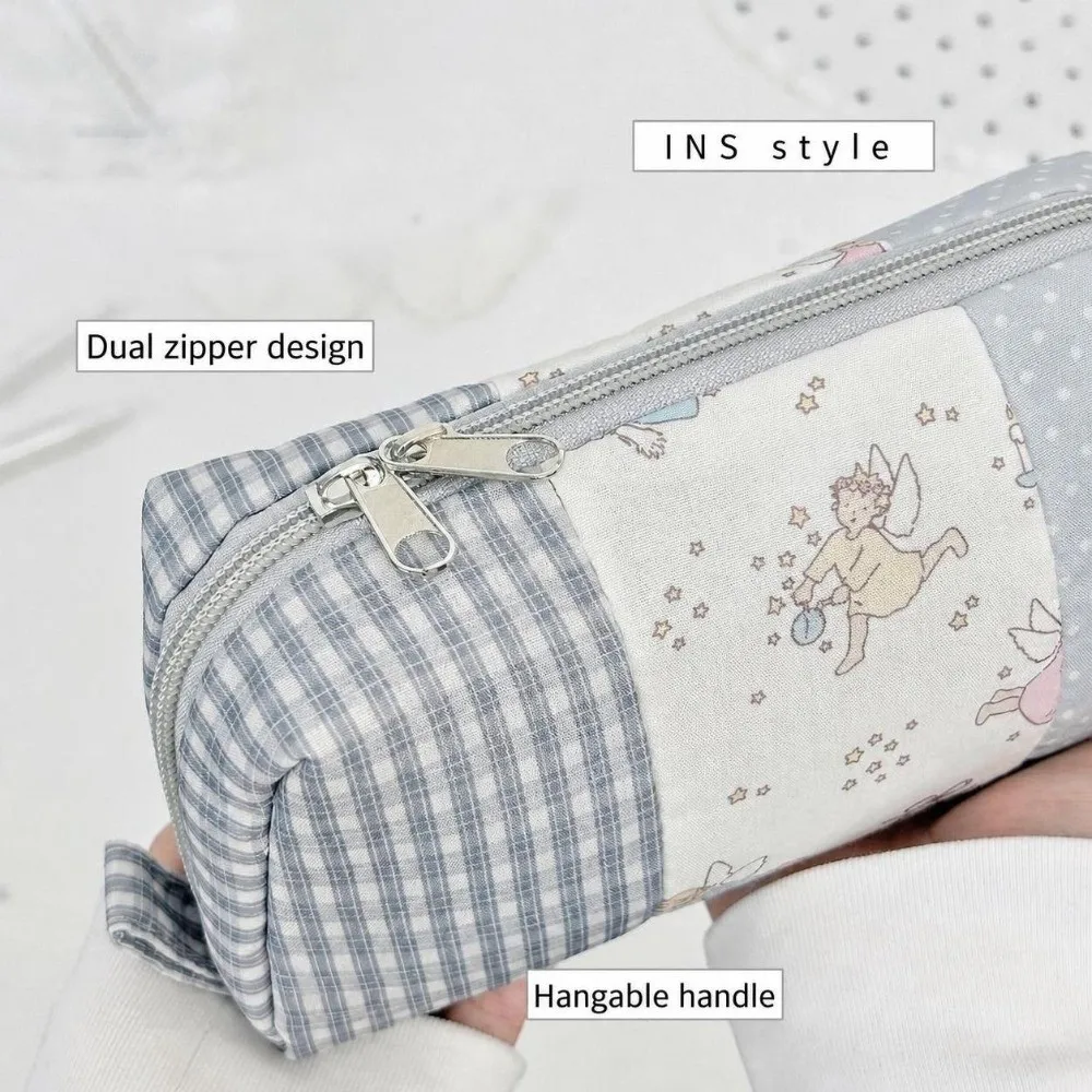 Durable Patchwork Pencil Case Floral Plaid Splicing Large Capacity Pencil Pouch Stationery Storage Bag Gift