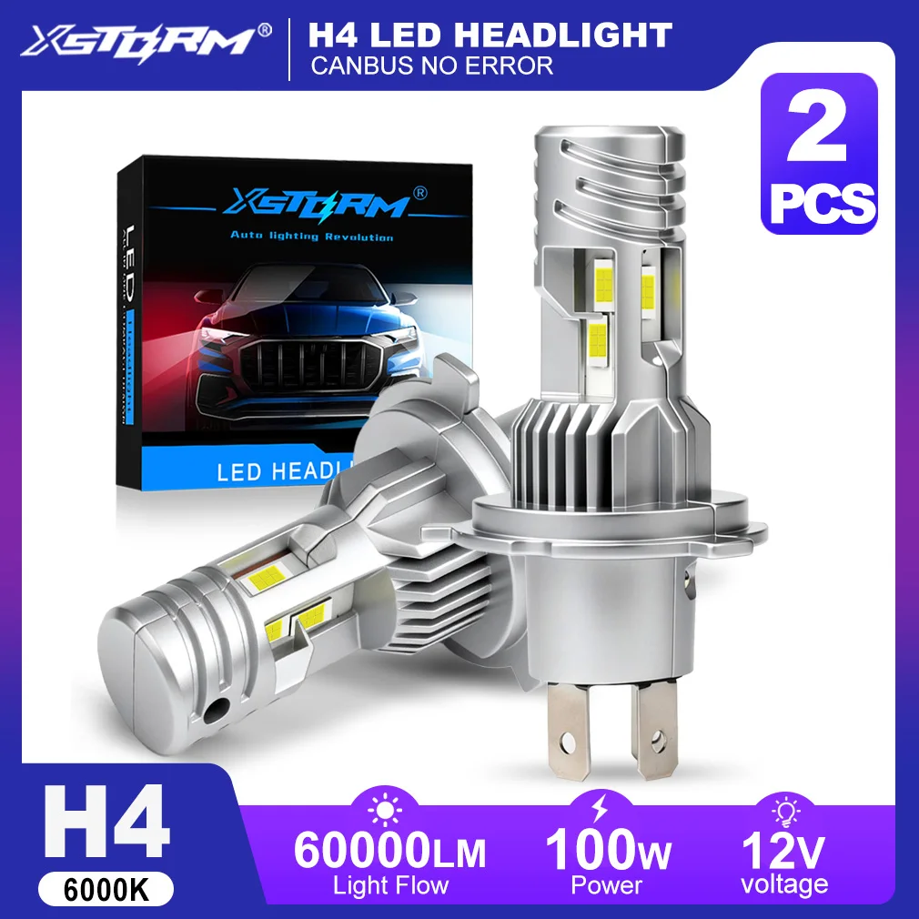 XSTORM H4 LED Headlights Bulbs Car Lights Canbus 100W 6000k 60000LM LED H4 Lights Auto Turbo Lamps Three Sided LED Beads  12V