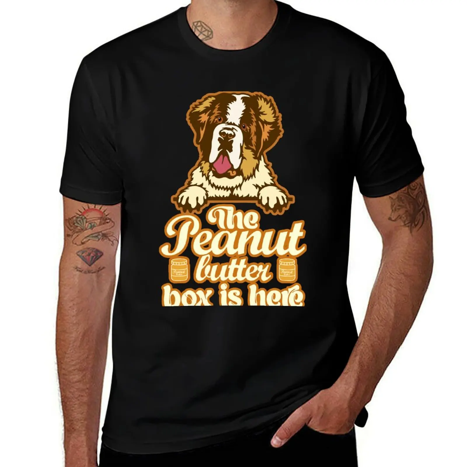 The Peanut Butter Box Is Here: Funny St. Bernard Dog Commercial Humor T-Shirt Modern Style Print T-Shirt